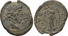 LYDIA. Tripolis. Pseudo-autonomous. Ae (3rd century AD). Obv: Draped bust of Asklepios right, serpent-entwined staff in front. Rev: ΤΡΙΠΟΛΕΙΤΩΝ. Winged Nemesis standing left, holding bridle and pullin