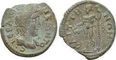 LYDIA. Saitta. Pseudo-autonomous (3rd century). Ae. Obv: IЄPAC CVNKΛHTOC. Draped bust of the Senate right. Rev: CAITHNΩN. Dionysus standing left, pouring cantharus and holding filleted thyrsus. Grün 6