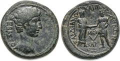 LYDIA. Sardes. Augustus (27 BC-AD 14). Ae. Homonoia issue with Pergamum. Mousaius, magistrate. Obv: ΣEBAΣTOV. Bare head right. Rev: ΣAPΔIANΩN KAI ΠEPΓAMHNΩN / MOVΣAIOΣ. The Demoi of Pergamum and Sarde