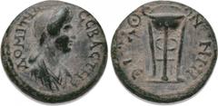 LYDIA. Thyateira. Domitia (Augusta, 82-96). Ae. Obv: ΔOMITIA CЄBACTH. Draped bust right. Rev: ΘVATЄIPHNΩN. Tripod. RPC II 945. Condition: Good very fine. Weight: 2.64 g. Diameter: 15 mm.
