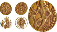 Antique Jewellery, Coins of Ancient India & Ancient World Gupta Dynasty, Kumaragupta I alias Mahendraditya (415-455 CE), Gold Dinar, "Kartikeya" type, Obv: the king, nimbate, standing facing to left i