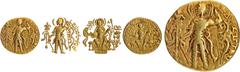 Coins of Ancient India & Ancient World Gupta Dynasty, Chandragupta I (305-325 CE), Gold Dinar, "Archer Legend within Bow" type, Obv: the king standing, nimbate, facing left, king in Kushan style cloth