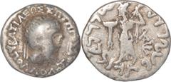 Indo-Greek Apollodotus II (80-60 BC) Silver Drachma Coin of Apollodotus II of Indo Greek. Indo-Greek,Apollodotus II,Silver Drachma, Obv:bust of the ruler to right and greek legend around,Rev:greek god
