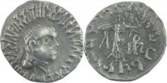 Ancient India Silver Drachma Coin of Apollodotos II of Indo Greeks. ;Indo-Greeks, Apollodotos II, Silver Drachma, Obv:diademed and draped bust of king to right around greek legends with king name and 