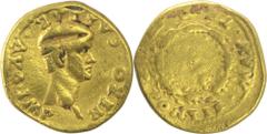 Gold Aureus coin of Ancient Roman of Nero Caesar. Coins Of INDIA Ancient India Indo-Roman Aureus ;Ancient Roman, Nero Caesar, Gold Aureus, Obv:bare head right NERO CAESAR AVG IMP,Rev:PONTIF MAX TRP II
