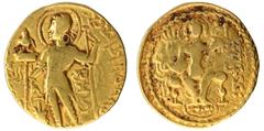 Gold Dinar Coin of Samudragupta of Gupta Dynasty of Sceptre type. Ancient India Gupta Dynasty 07. Samudragupta (335-370 AD) Gold Dinara ;Gupta Empire, Samudragupta(335-370 AD),Gold Dinar, Sceptre Type