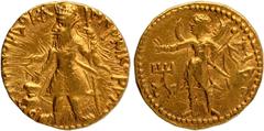 Coins Of INDIA Ancient India Kushan Dynasty, Kanishka I (127-140 AD), Gold Dinar, "MAO" (Moon God) type, Obv: crowned, diademed king standing facing left, holding spear and ankush, sacrificing over fi