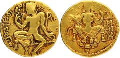 Coins Of INDIA Ancient India Gupta Empire, Chandragupta II (Vikramaditya) (375-415 AD), Gold Dinar, "Couch" type, Plate Coin, Obv: bare bodied king, nimbate (halo), seated in frontal pose on a high-ba