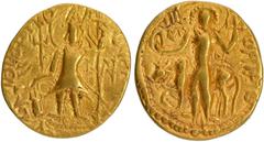 Ancient India Coins Kushan Dynasty, Vasishka (247-267 CE), Gold Dinar, "OESHO" (Shiva) type, Obv: the king, crowned and nimbate, standing facing left, sacrificing over an altar, holding a standard in 