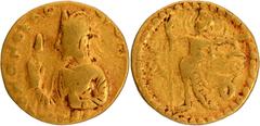 Ancient India Coins Kushan Dynasty, Huvishka (160-190 CE), Gold Dinar, "MAO"(Moon god) type, Obv: a diademed and half-length crowned bust facing the left, holding a mace-scepter in one hand and an ele