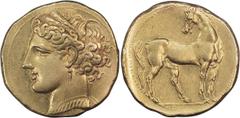 Ancient Greek Zeugitania, Carthage. AU Trihemistater; Zeugitania, Carthage; c. 264-260 BC, Trihemistater, 12.49g. Jenkins and Lewis-Group IX, 396 (this coin). Obv: Head of Tanit l., wearing wreath of 