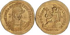 Roman Imperial Theodosius II. Solidus; Theodosius II; 402-450 AD, Constantinople, c. 430-440 AD, Solidus, 4.42g. RIC-257 (S); Depeyrot-81/1 (p. 254; 85 spec. recorded from officina H=8). Obv: D N THEO