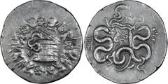 Ancient Greek Mysia, Pergamum. Cistophoric Tetradrachm; Mysia, Pergamum; c. 76 BC, Cistophoric Tetradrachm, 12.60g. Kleiner-16, SNG France-1721. Obv: Serpent emerging from cista mystica; all within iv