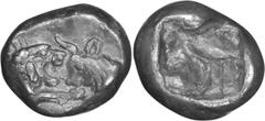 Ancient Greek Lydia, Croesus. 1/12 Silver Stater; Lydia, Croesus; 560-546 BC, 1/12 Stater, 0.78g. Berk-27. Obv: Confronted foreparts of roaring lion and bull. Rx: Incuse.. EF