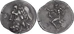 Ancient Greek Arcadia, Megalopolis. Triobol; Arcadia, Megalopolis; 175-168 AD, Triobol, 2.32g. BCD-1548. Obv: Laureate head of Zeus l. Rx: Pan seated l. on rock, raising his r. hand above eagle standi