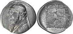 Ancient Greek Parthia, Mithradates II. Drachm; Parthia, Mithradates II; 123-88 BC, Drachm, 4.22g. Sellwood-27.1, Sunrise-293. Obv: Diademed bust of king l. with long beard, wearing earring, torque on 