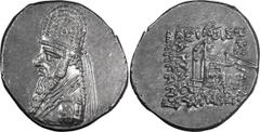 Ancient Greek Parthia, Mithradates II. Drachm; Parthia, Mithradates II; 123-88 BC, Drachm, 4.18g. Sellwood-28.4, Sunrise-301. Obv: Bust of king l. with long beard, wearing tiara with star in center, t