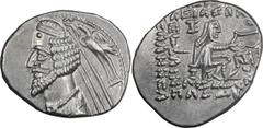 Ancient Greek Parthia, Phraates IV. Drachm; Parthia, Phraates IV; 38-2 BC, Drachm, 4.03g. Sellwood-52.32-3 var., Sunrise-395 var. Obv: Diademed bust of king l. with pointed beard and wart on brow; eag