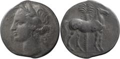 Ancient Greek Zeugitania, Carthage. AR Tridrachm; Zeugitania, Carthage; Tridrachm, 9.36g., Group 2, 215-213 BC. Lorber-19, pl. 54 (this coin). Obv: Young Tanit head l., wearing wreath of wheat ears an