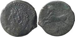 Ancient Greek Numidia, Masinissa. AE 26; Numidia, Masinissa; 208-148 BC of later. AE 26, 13.82g. Cf. SNG Cop-496. Obv: Laureate head of king r., beardless, but not listed as such. Rx: Horse running l.