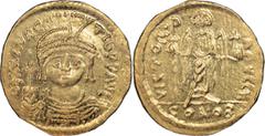 Byzantine Maurice. Solidus; Maurice; 582-602 AD. Constantinople, c. 583/4-602 AD, Solidus, 4.41g. MIB-6, Berk-82, Sear-478. Obv: D N mAVRC - TIb PP AVC Draped, cuirassed bust facing, wearing plumed he