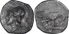 Ancient Greek Calabria, Tarentum. Alexandria Diobol; Calabria, Tarentum; c. 4th cent. BC, Diobol, 1.03g. Cf. SNG ANS-1362. Obv: Helmeted head of Athena l. Rx: Herakles fighting lion.Reverse exceptiona