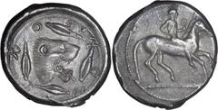 Ancient Greek Sicily, Leontini. Didrachm; Sicily, Leontini; c. 470 BC, Didrachm, 8.25g. Boehringer-44, pl. 10, 13 (same obv. die), SNG ANS-208-9 (both same obv. die). Obv: Nude rider r., holding bridl
