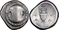 Ancient Greek Boeotia, Thebes. Stater; Boeotia, Thebes; c. 379-368 BC, magistrate Asop-, Stater, 12.23g. BCD-581 (this coin). Obv: Boeotian shield. Rx: Amphora, club above, A-Σ-Ω-Π across field. Ex BC