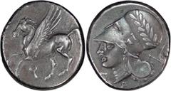 Ancient Greek Corinthia, Corinth. Stater; Corinthia, Corinth; c. 345-307 BC, Stater, 8.50g. Calciati-439, BCD-107. Obv: Pegasus flying l., Ϙ below. Rx: Head of Athena l., A P below, plow behind.. Tone