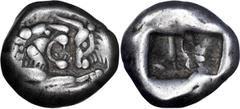 Ancient Greek Lydia, Croesus, Achaemenid Period. Stater; Lydia, Croesus, Achaemenid Period; c. 546-510 BC, Stater, 5.37g. Berk-25. Obv: Confronted foreparts of roaring lion and bull. Rx: Oblong incuse