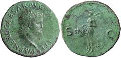 Roman Imperial Nero. 40-as; Nero; 54-68 AD, Lugdunum, 66-8 AD, As, 10.13g. BM-381, C-302, Paris-155, RIC-543. Obv: IMP NERO CAESAR AVG P MAX TR P P P Head bare r., globe below neck. Rx: S - C Victory 
