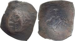 Byzantine Andronicus I. Billion Aspron Trachy; Andronicus I; 1183-1185 AD. Constantinople, Billon Aspron Trachy, 3.34g. Sear-1985. Obv: Nimbate Virgin standing facing on dias, holding before her nimba