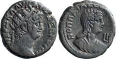 Roman Provincial Nero and Poppaea. ; Nero and Poppaea; Alexandria, Egypt, Year 11 = 64/5 AD, Billon Tetradrachm, 13.45g. RPC-5282 (42 spec.), Oxford-223, Datt-197, Cologne-168, Emmett-128/11. Obv: NE[