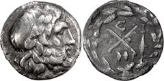 Ancient Greek Argolis, Argos. Achaean League Hemidrachm, ex BCD; Argolis, Argos; 196-146 BC, Hemidrachm, 2.30g. BM-89. Obv: Laureate head of Zeus r. Rx: Large AX monogram within laurel wreath, I - Ω a