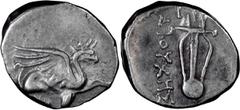 Ancient Greek Ionia, Teos. Alexandria Diobol; Ionia, Teos; c. 320-294 BC, Diobol, 0.97g. Obv: Griffin seated r., raising l. forepaw. Rx: Lyre; T[HI] above, ΔIOYXHΣ downwards on l. Not in the standard 