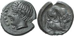 Ancient Greek Sicily, Piacus. AE Tetras; Sicily, Piacus; c. 420-400 BC, Tetras, 2.36g. Calciati-2/1, Rizzo-pl. LX, 14. Obv: Wreathed and horned head of youthful river god l., ΠIAKIN to l. with pellets