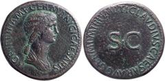 Roman Imperial Agrippina I. Sestertius; Agrippina I; Rome, c. Jan. 42 AD, Minted under Claudius, Sestertius, 29.41g. Obv: AGRIPPINA M F GERMANICI CAESARIS Bust draped r. Rx: TI CLAVDIVS CAESAR AVG P M