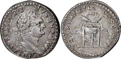 Roman Imperial Domitian mule with reverse type carried over from Titus. Denarius; Domitian mule with reverse type carried over from Titus; 81-96 AD, Rome, 80-81 AD, Denarius, 3.35g. RIC-6 (R3), pl. 11