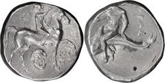 Ancient Greek Calabria, Tarentum. Didrachm; Calabria, Tarentum; c. 272-235 BC, Didrachm, 6.34g. Vlasto-859-62, HN Italy-1031. Obv: Naked rider r., crowning horse, monogram behind, mask of Pan below an