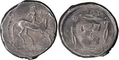 Ancient Greek Sicily, Leontini. Didrachm; Sicily, Leontini; c. 470 BC, Didrachm, 8.25g. Boehringer-44, pl. 10, 13 (same obv. die); SNG ANS-208-9 (both same obv. die). Obv: Nude rider r., holding bridl