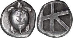 Ancient Greek Attic, Aegina. Stater; Attic, Aegina; 480-457 BC, Stater, 11.96g. Milbank-15, SNG Cop-507. Obv: Sea turtle. Rx: Incuse mill-sail pattern.Perfectly centered. Countermark on shell. aEF