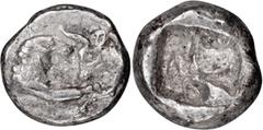 Ancient Greek Lydia, Croesus 1/12 Stater. ; Lydia, Croesus 1/12 Stater; 560-546 BC, 1/12 Stater, 0.79g. Berk-27. Obv: Confronted foreparts of roaring lion and bull. Rx: Incuse.. EF