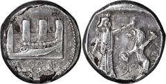 Ancient Greek Phoenicia, Sidon. Half shekel; Phoenicia, Sidon; 5th cent. BC, Plated Half Shekel, 6.71g. BM-11. Obv: Galley sailing l. before city walls; two lions below. Rx: Great King of Persia holdi