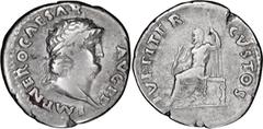 Roman Imperial Nero. Denarius; Nero; 54-68 AD, Rome, c. 67-8 AD, Denarius, 3.23g. BM-80, Paris-239, C-123 (3 Fr.). Obv: IMP NERO CAESAR - AVG P P Head laureate r. Rx: IVPPITER - CVSTOS Jupiter seated 