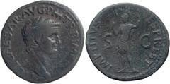 Roman Imperial Claudius I, restored by Titus. 40-as; Claudius I, restored by Titus; Rome, 79-81 AD, As, 11.06g. RIC-482 (R2), pl. 114 (same dies). Obv: TI CL CAESAR AVG P M TR P IMP [P P] Head of Clau