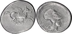 Ancient Greek Corinthia, Corinth. Stater; Corinthia, Corinth; 345-307 BC, Stater, 8.02g. - Calciati p. 240, 351 var. (same reverse die). Obv: Pegasos flying r., koppa below. Rx: Helmeted head of Athen