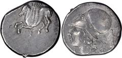 Ancient Greek Corinthia, Corinth. Stater; Corinthia, Corinth; 345-307 BC, Stater, 8.57g. Calciati-460. Obv: Helmeted bust of Athena left, Statuette of Hermes holding cornucopia and caduceus. Rv: Pegas