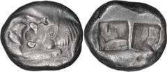 Ancient Greek Lydia, Croesus. 1/12 Siglos; Lydia, Croesus; 564-546 BC, Siglos, 5.31g. Berk-23. Obv: Heads of lion and bull confronted. Rx: Two-part incuse square.. VF
