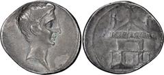 Roman Imperial Augustus. Denarius; Augustus; 27 BC-14 AD, Before 27 BC, Denarius, 3.75g. BM-631, Paris-52, RIC-266, C-122. Obv: Bare head of Octavian r., no legend. Rx: Curia Julia (Senate House) with