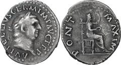 Roman Imperial Vitellius. Denarius; Vitellius; 69 AD, Rome, Denarius, 3.12g. BM-34, Paris-71, C-72, RIC-107. Obv: A VITELLIVS GERM IMP AVG TR P Head laureate r. Rx: PONT MAXIM Vesta, veiled, seated r.
